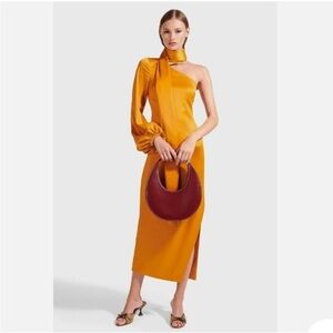 STAUD Farrah one shoulder golden midi dress in Cumin